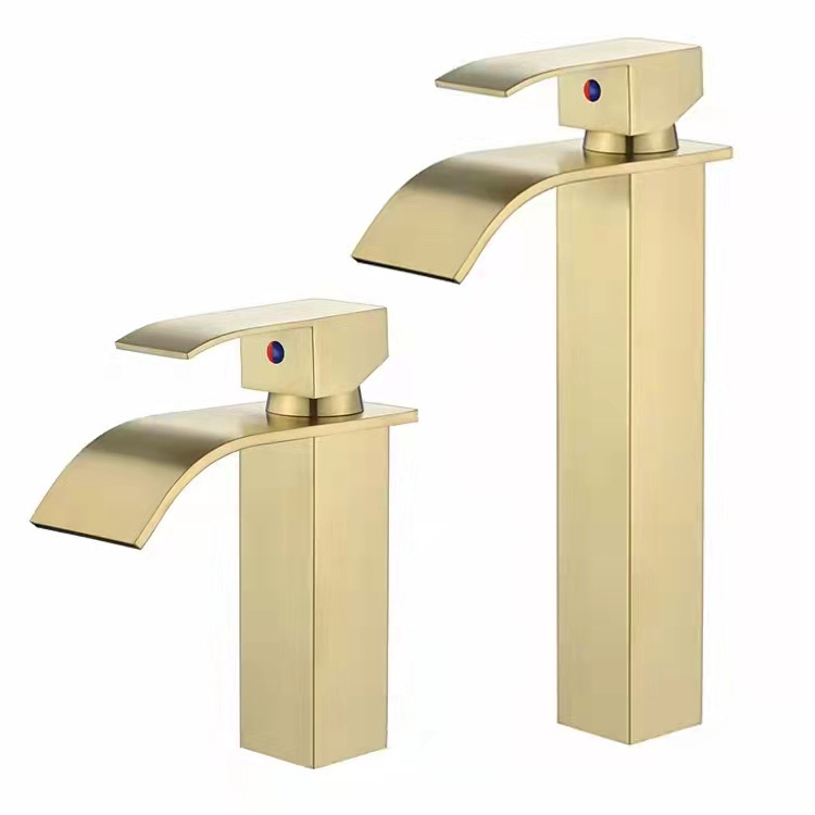 Gold Bathroom Faucet Brass Vanity Bath Sink Lavatory Faucets Single Handle One Hole Waterfall Modern Basin Commercial Deck Mount