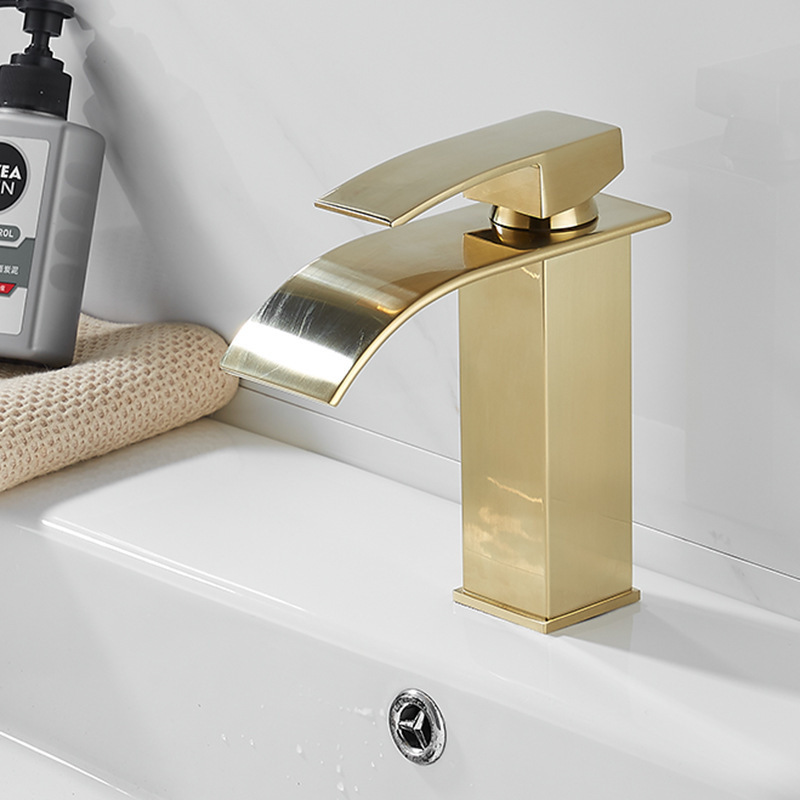 Gold Bathroom Faucet Brass Vanity Bath Sink Lavatory Faucets Single Handle One Hole Waterfall Modern Basin Commercial Deck Mount