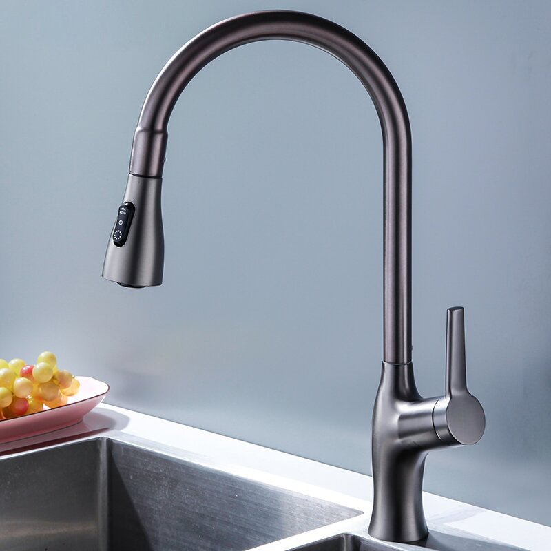 New Arrivals Gun-grey Kitchen Sink Faucet With Pull Down Sprayer Two Modes Sprayers Brass Pull Out Kitchen Faucet