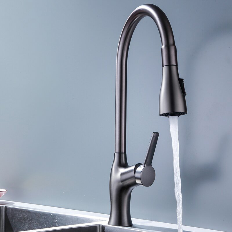 New Arrivals Gun-grey Kitchen Sink Faucet With Pull Down Sprayer Two Modes Sprayers Brass Pull Out Kitchen Faucet