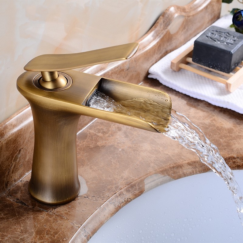 Luxury Unique Antique Gold Brass Waterfall Shower Basin Sink Faucets Mixers Taps For Bathroom