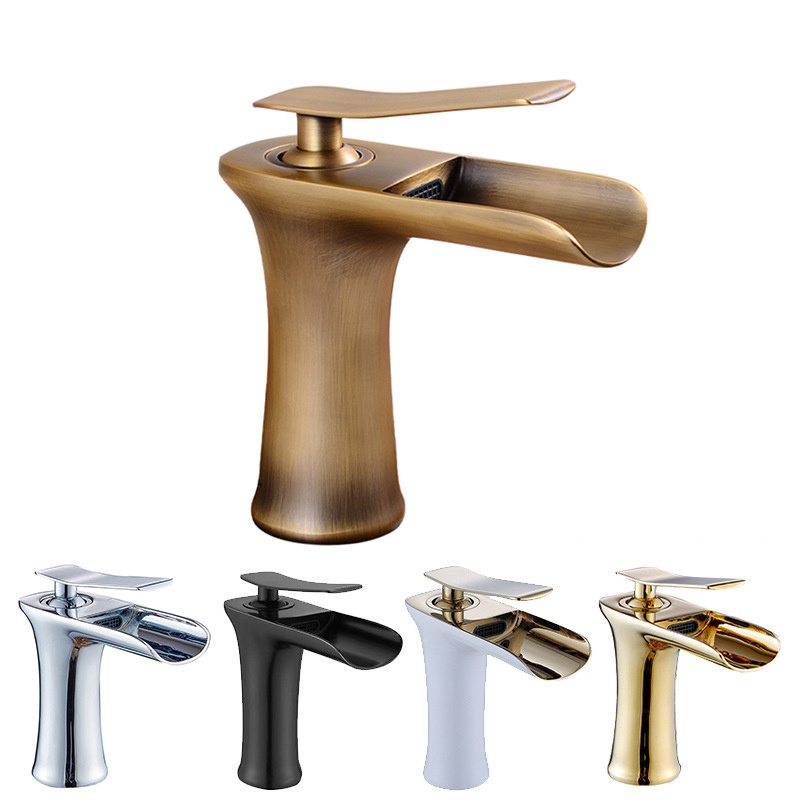 Luxury Unique Antique Gold Brass Waterfall Shower Basin Sink Faucets Mixers Taps For Bathroom