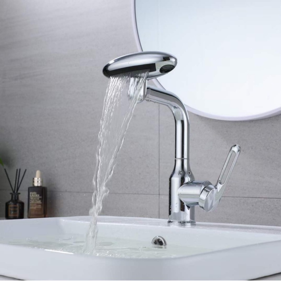 Latest Designer Silver Deck Mounted Bathroom Hot and Cold Taps Dual Mode Waterfall Faucet Universal Mixer Faucet