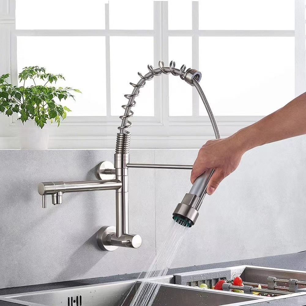 Wall Mount Spring Kitchen Faucet Pull Down Sprayer Dual Spout Cold Water Kitchen Tap Dual Swing Spout 360 Rotation In Wall Tap