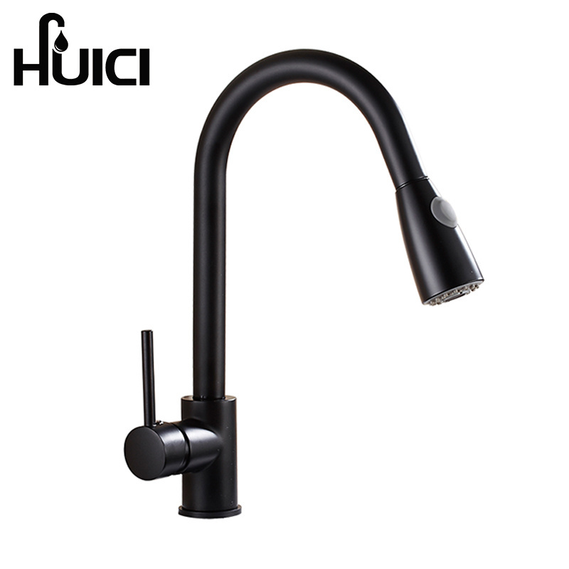 Hot Selling Water Adjustable Big Spout Black Brass Main Body Pull Down Spray Kitchen Sink Faucet