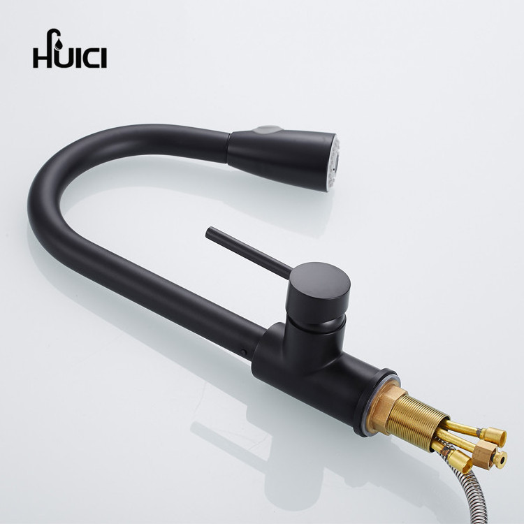 Hot Selling Water Adjustable Big Spout Black Brass Main Body Pull Down Spray Kitchen Sink Faucet