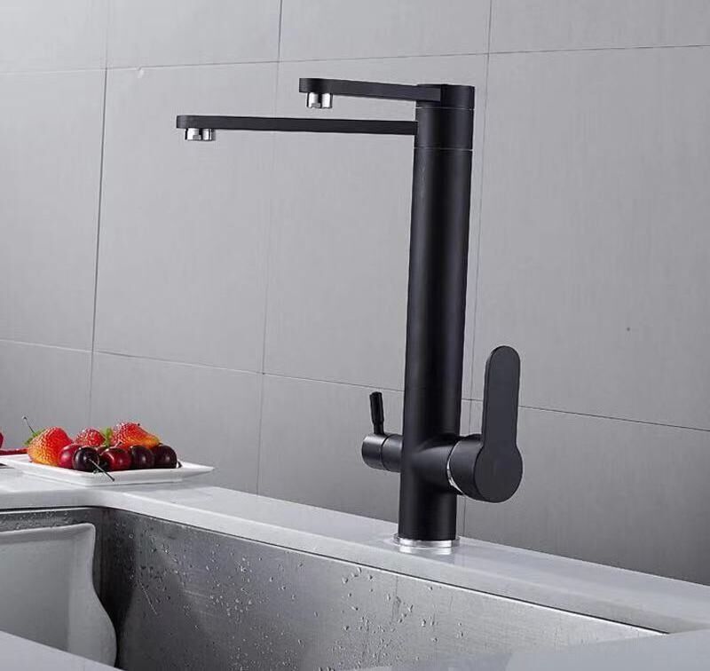 Matte black 3 way kitchen sink faucets with pure water flow filter taps