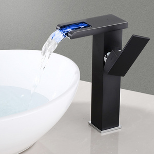 LED Square Waterfall  cold and hot water faucet waterfall basin bathroom cabinet Nordic bathroom full copper body black faucet