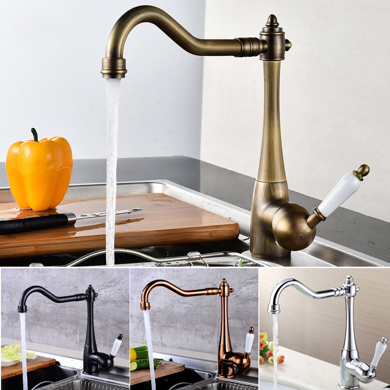 European style brass swivel kitchen sink sink basin ceramic handle gold hot and cold antique faucet