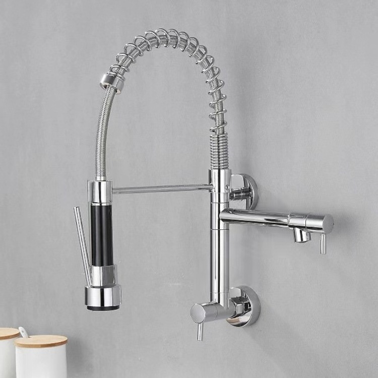 Wall Mount Spring Kitchen Faucet Pull Down Sprayer Dual Spout Cold Water Kitchen Tap Dual Swing Spout 360 Rotation In Wall Tap