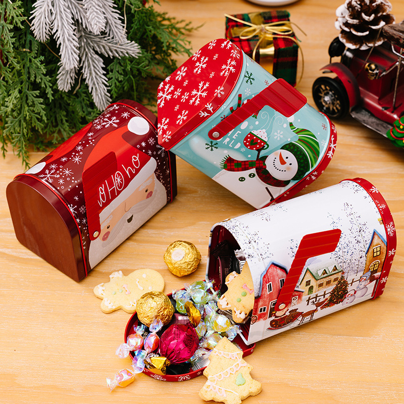 Xmas Santa Christmas Mailbox Shape Tinplate Candy Box Tin Mailbox Storage Cookies Tin Cans Christmas Decoration Supplies Gifts