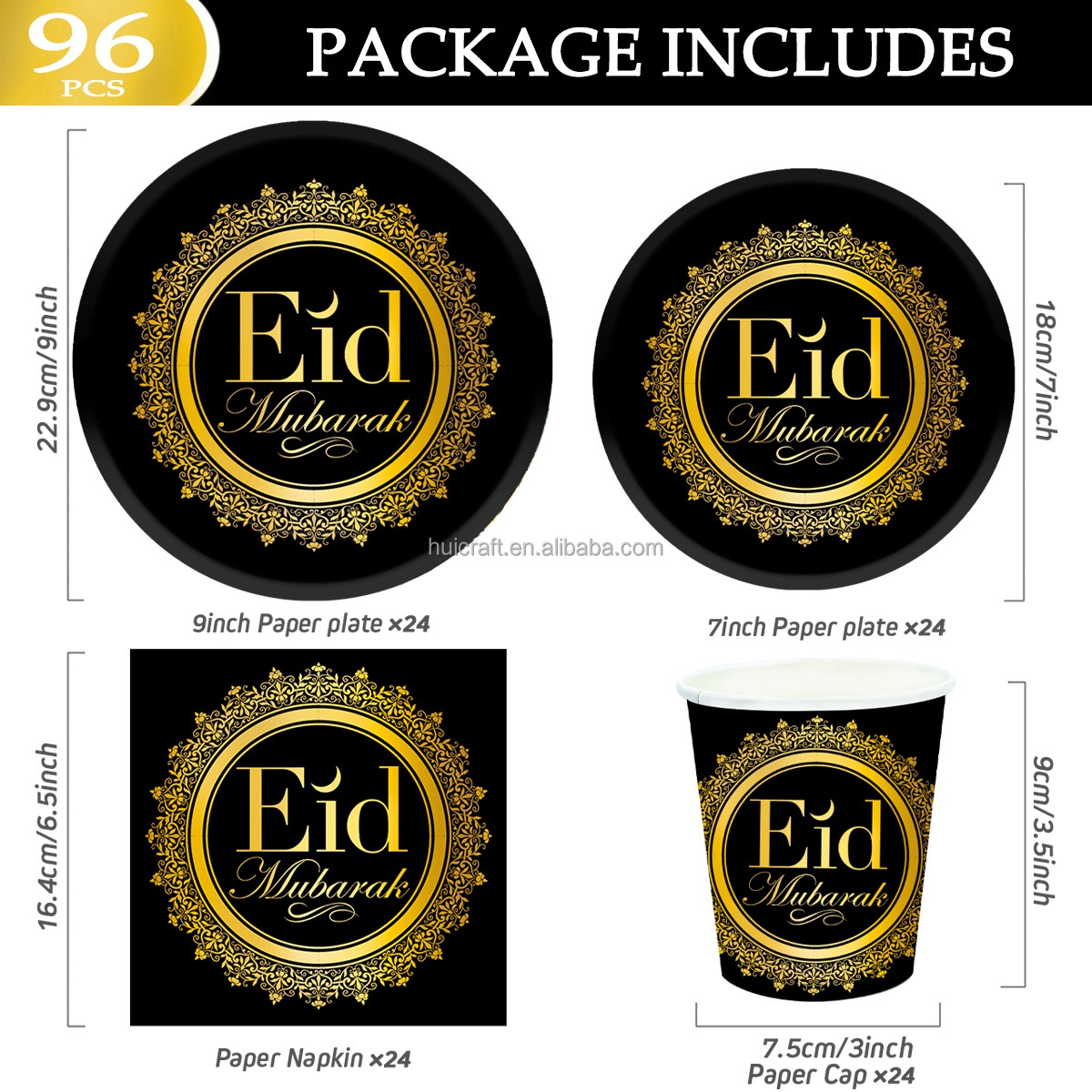 24pcs Muslim Plates Ramadan Eid Mubarak Paper Plates Money Envelopes Eid Mubarak Tableware Decorations Party Set