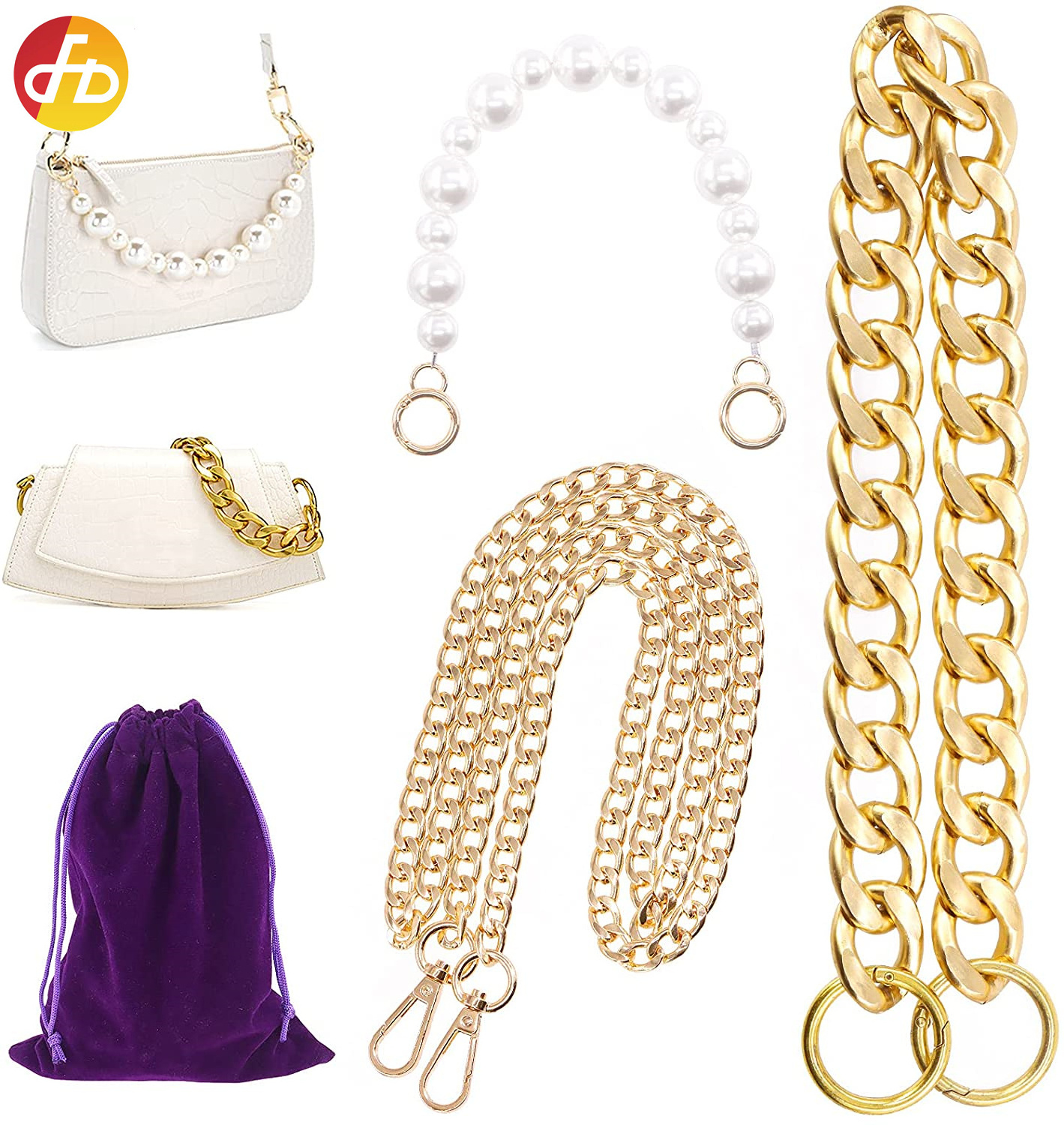 Purse Replacement Chains with Clasp Set Includes Heavy Chunky Aluminum Gold Metal Bag Chain, Pearls Beads Purse Handle strap