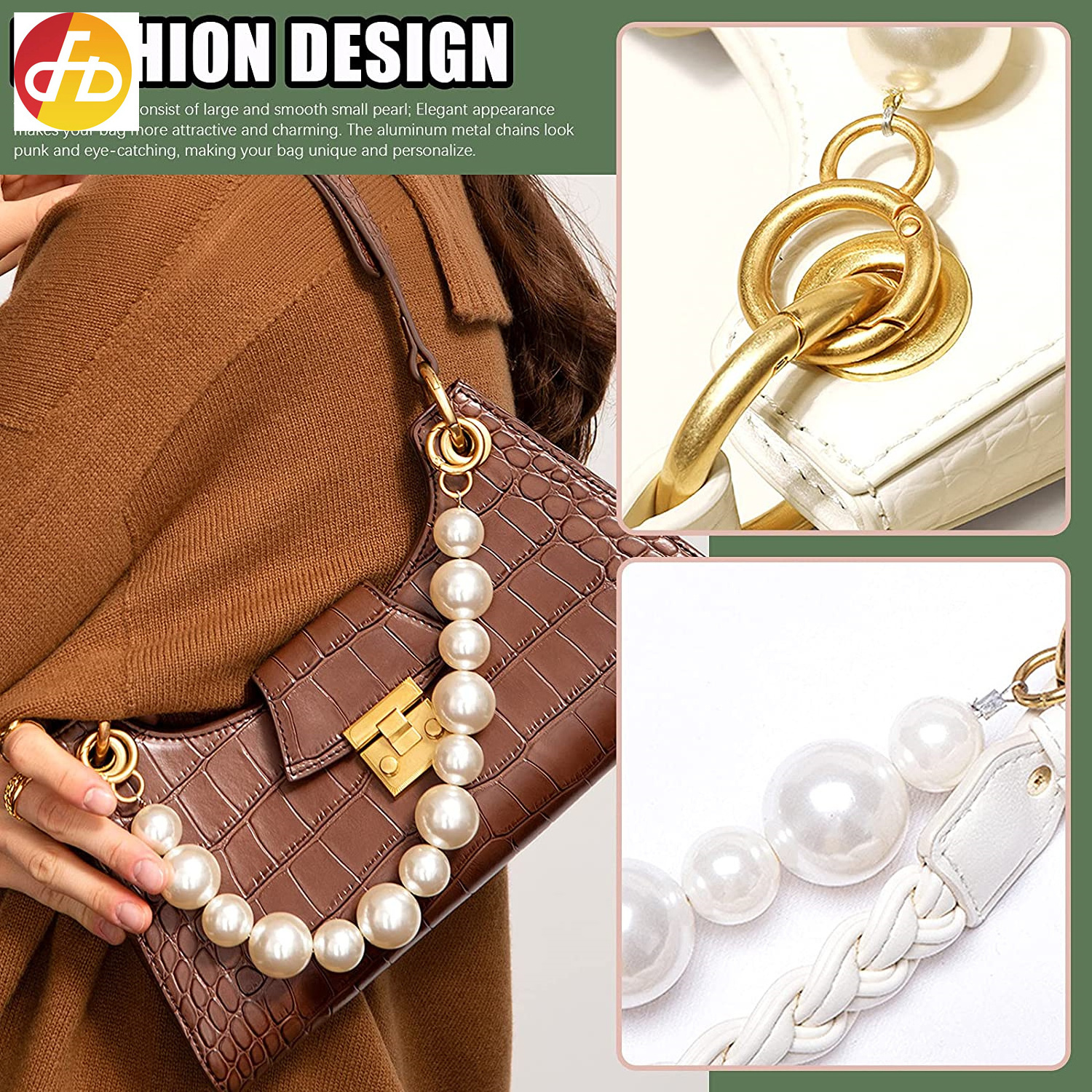 Purse Replacement Chains with Clasp Set Includes Heavy Chunky Aluminum Gold Metal Bag Chain, Pearls Beads Purse Handle strap