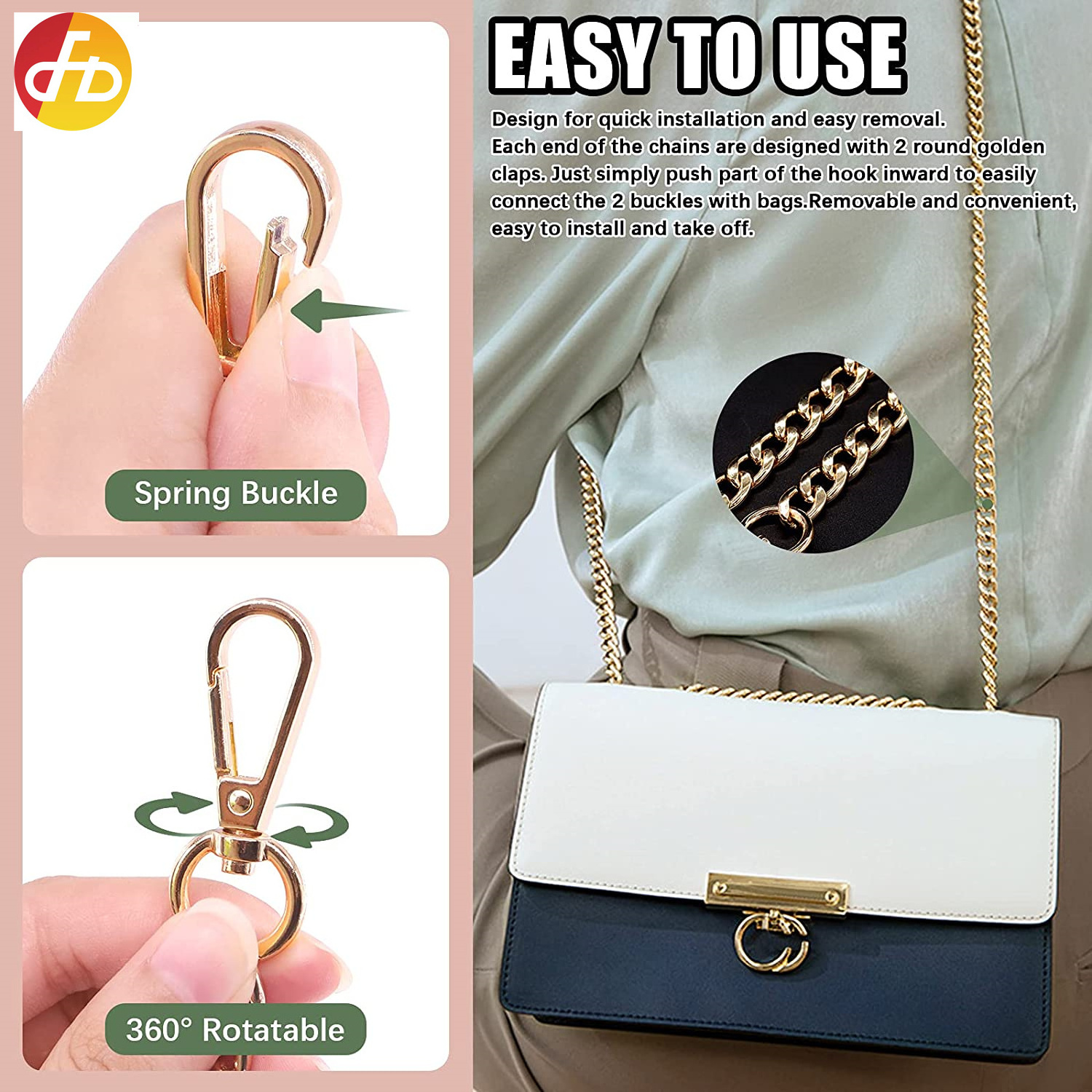 Purse Replacement Chains with Clasp Set Includes Heavy Chunky Aluminum Gold Metal Bag Chain, Pearls Beads Purse Handle strap