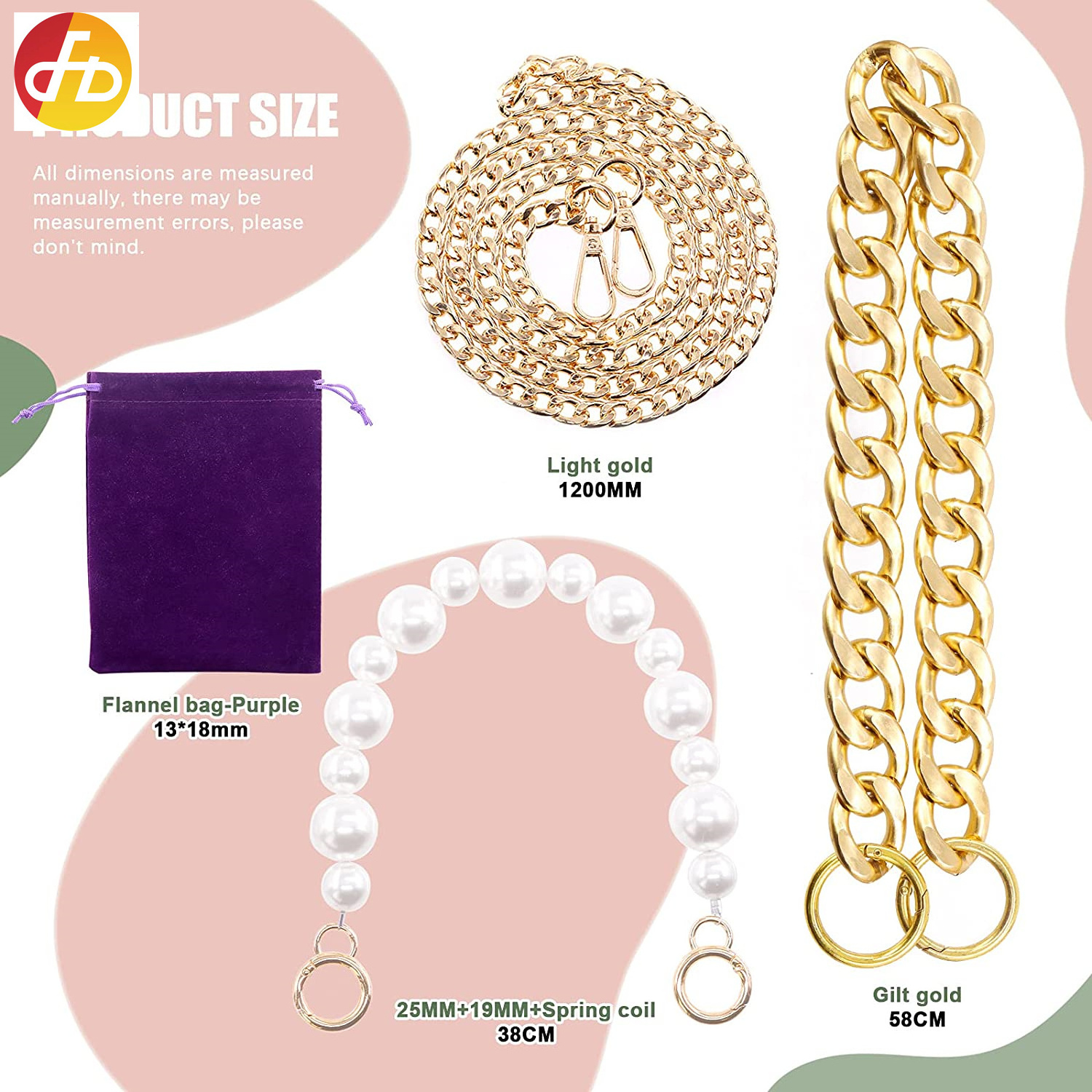 Purse Replacement Chains with Clasp Set Includes Heavy Chunky Aluminum Gold Metal Bag Chain, Pearls Beads Purse Handle strap