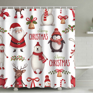 Seasonal Decoration Shower Curtain with Santa Pengium Deer Snowman Christmas Ornament Printed Fabric Bath Curtains