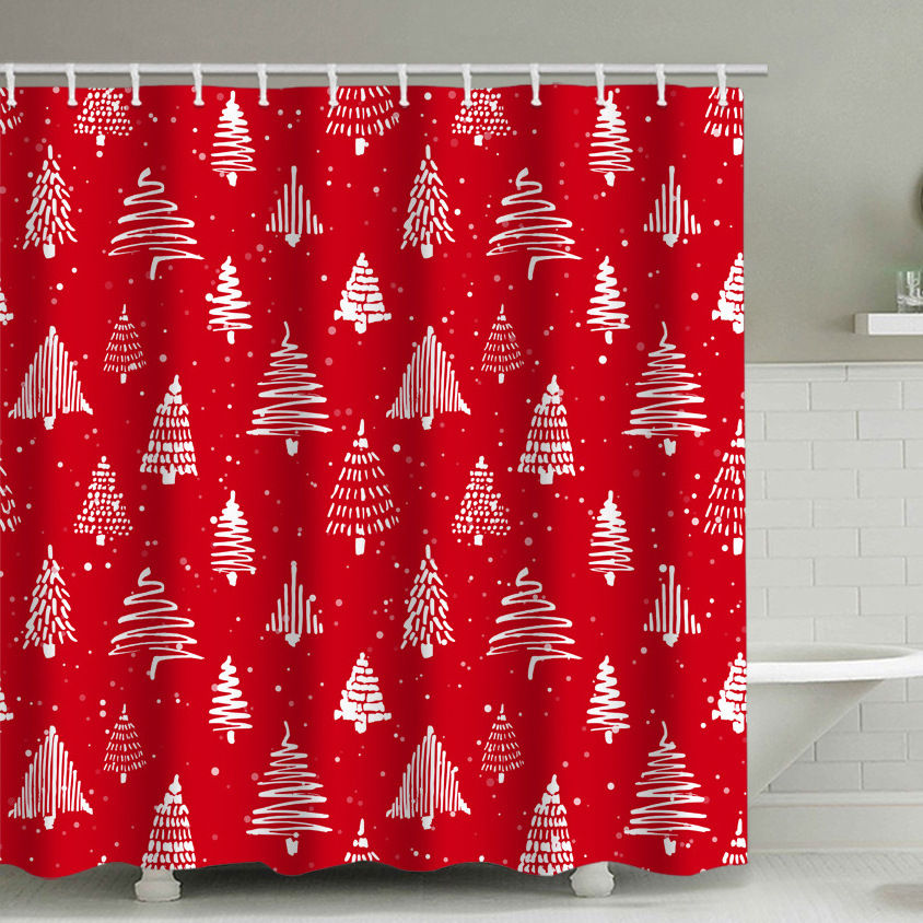 Seasonal Decoration Shower Curtain with Santa Pengium Deer Snowman Christmas Ornament Printed Fabric Bath Curtains