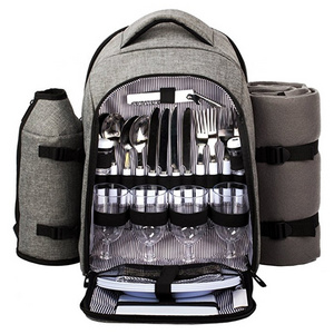 Waterproof Picnic Backpack for 4 Person with Cutlery Set, Cooler Compartment, Detachable Bottle/wine Holder, Fleece Blanket