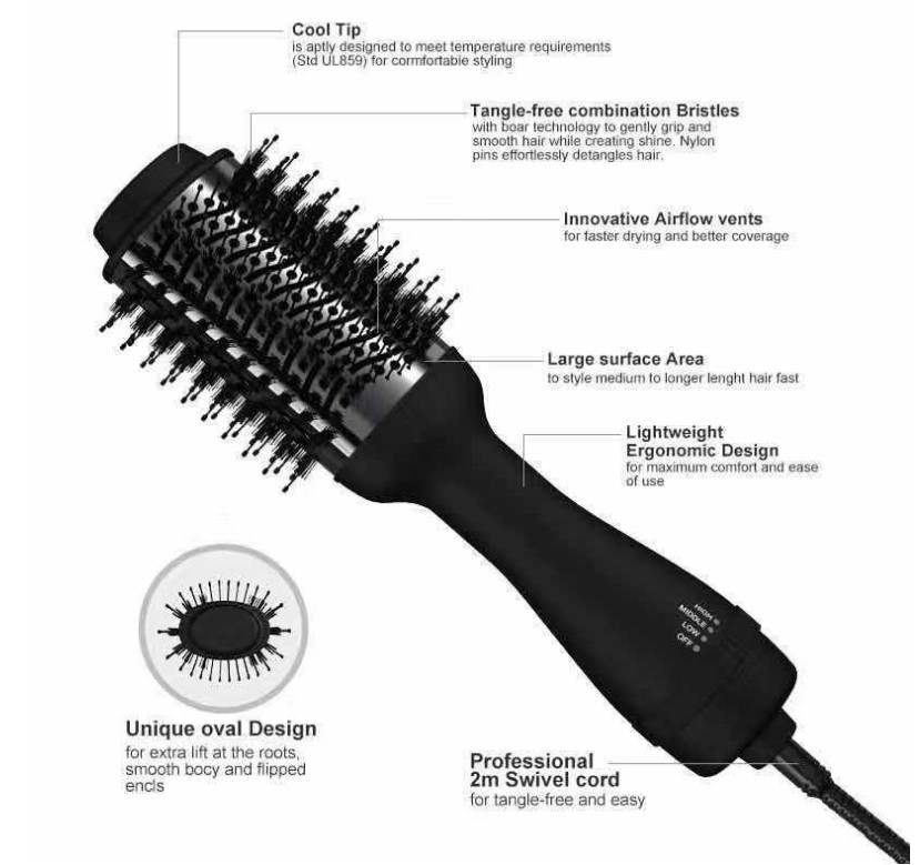 Black EU plug 3 in 1 Professional Hair Comb  Hot air Brush curling iron for Home Salon