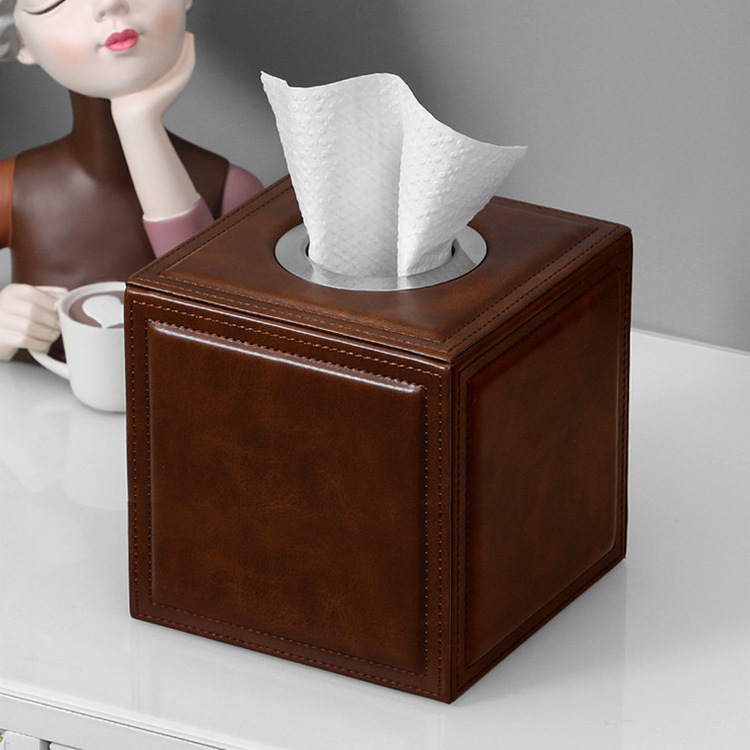 Square Leather Tissue Box Cover Modern Facial Tissue Holder for House Office Hotel or Bathroom