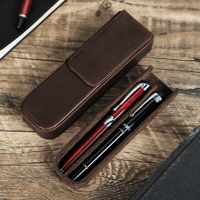 Genuine Leather Pen Cases 2 Slots Removable Pen Tray Pencil Holder Storage Box