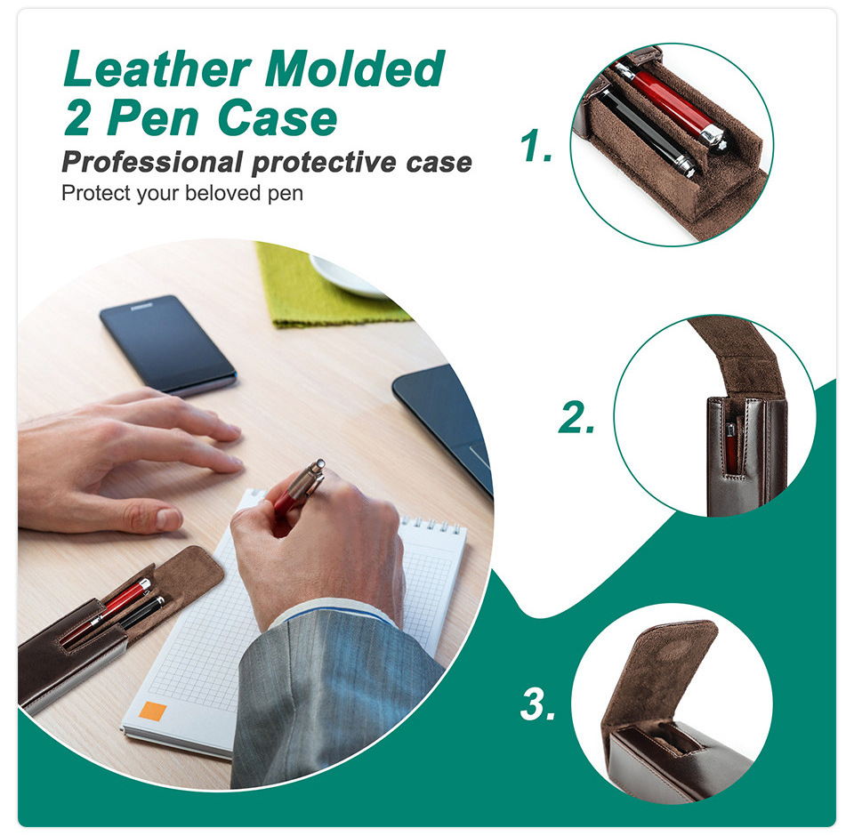 Genuine Leather Pen Cases 2 Slots Removable Pen Tray Pencil Holder Storage Box