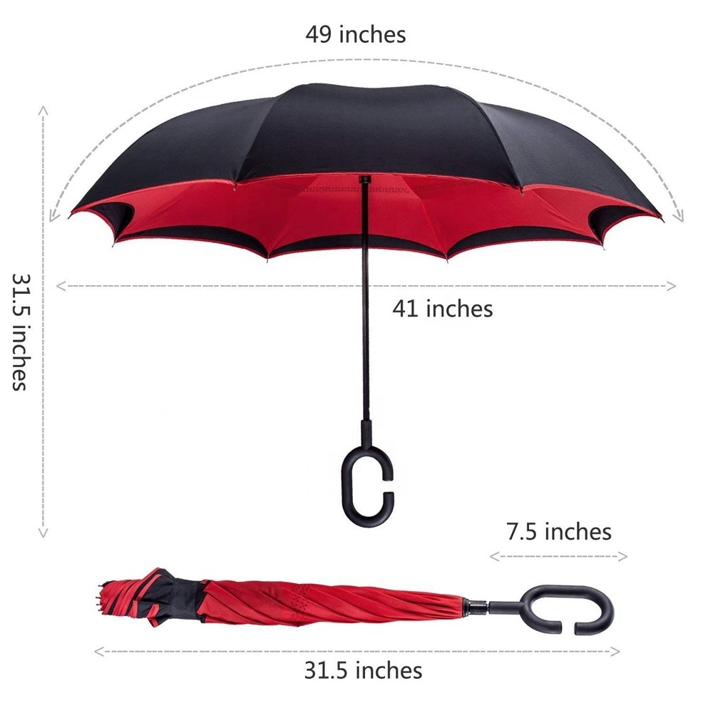 Wholesale Custom Red Black, C-shaped Handle Windproof Double Layer Auto Close Reverse Inverted Umbrellas With Logo Printing