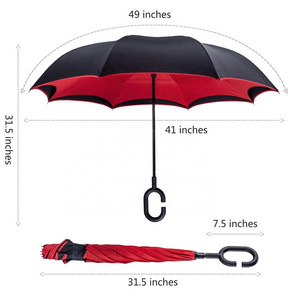 Wholesale Custom Red Black, C-shaped Handle Windproof Double Layer Auto Close Reverse Inverted Umbrellas With Logo Printing