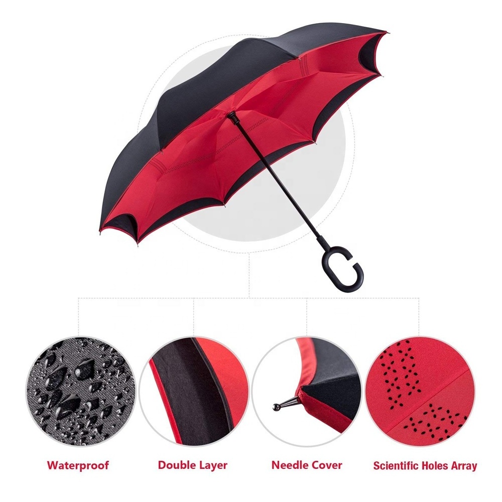 Wholesale Custom Red Black, C-shaped Handle Windproof Double Layer Auto Close Reverse Inverted Umbrellas With Logo Printing