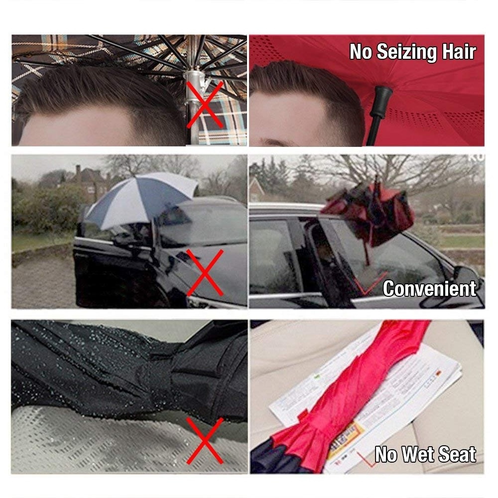 Wholesale Custom Red Black, C-shaped Handle Windproof Double Layer Auto Close Reverse Inverted Umbrellas With Logo Printing