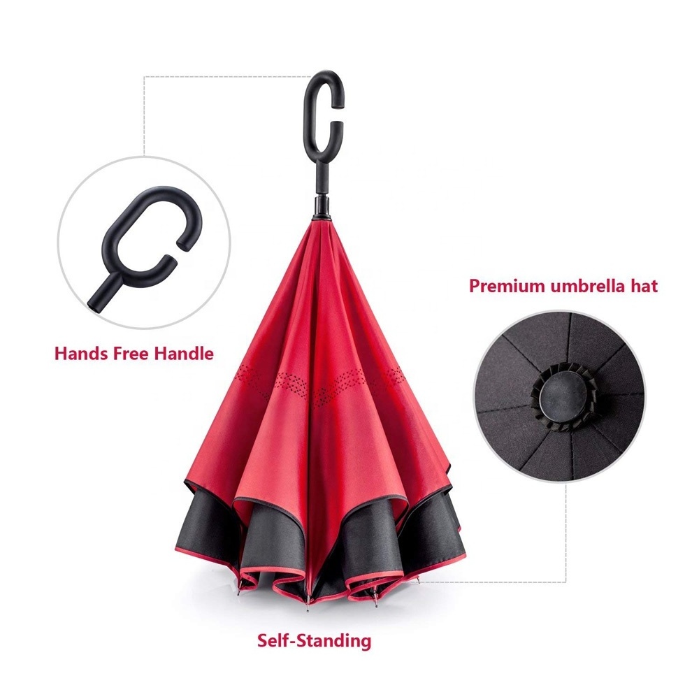 Wholesale Custom Red Black, C-shaped Handle Windproof Double Layer Auto Close Reverse Inverted Umbrellas With Logo Printing