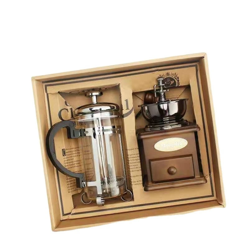 French Press Pot and Manual Coffee Maker Set with Wooden Coffee Bean Grinder Coffee Utensil Activity Gifts Set