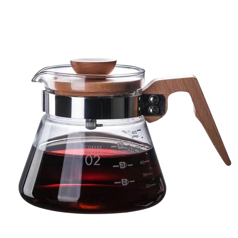 Hot selling wood handle tea glass pot borosilicate heat resistant glass coffee pot hand brewing coffee pot