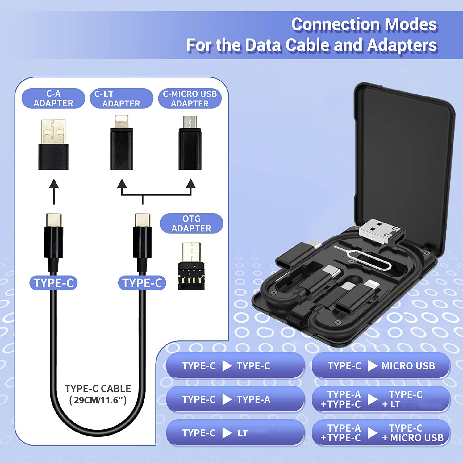 Portable USB Cable Card USB Adapter Kit Storage Set Multi Charging Cable Case USB-C Cable/Light/Micro-USB Adapter for travel