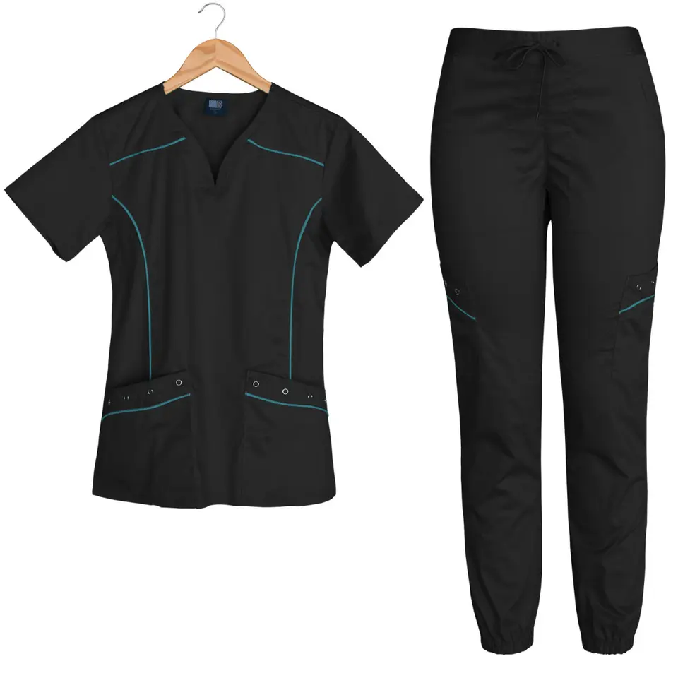 HF Oem Scrubs Uniforms Sets V-neck Short Sleeve Elastic Scrubs Suit Tops Nursing Jogger Sets Women Scrubs Nurse Hospital Uniform