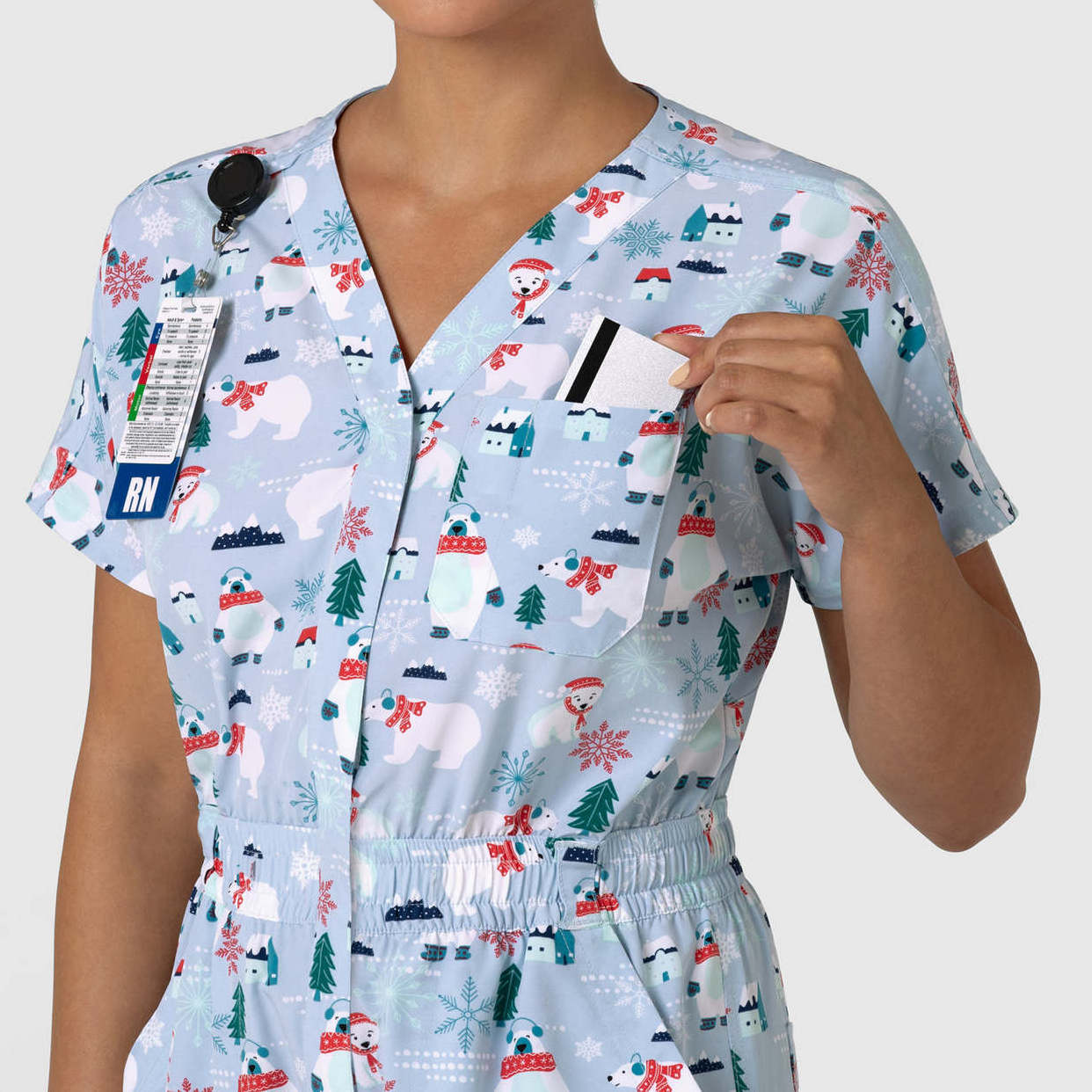 HF custom stretchy christmas scrub tops hospital dental spandex printed scrub tops short sleeve v-neck elastic scrub tops women