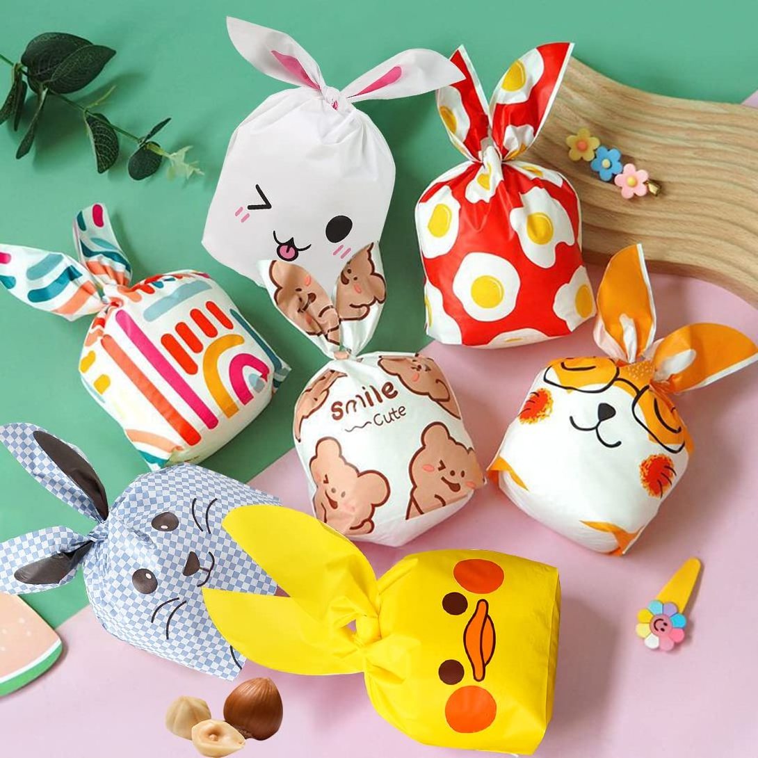 Wholesale Plastic Rabbit Bunny Ear Gift Food Cookies Snacks Present Gift Storage Packing Pouches Bag Bags With Flap Tie Handles