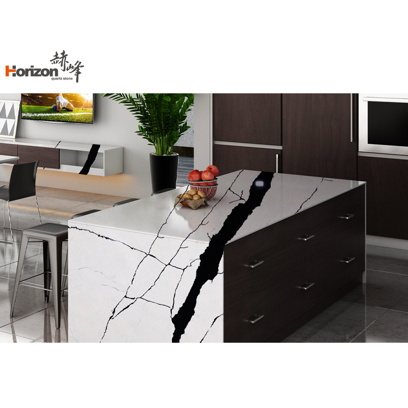 Horizon engineered white calacatta artificial quartz stone slab countertop white black vein quartz countertops