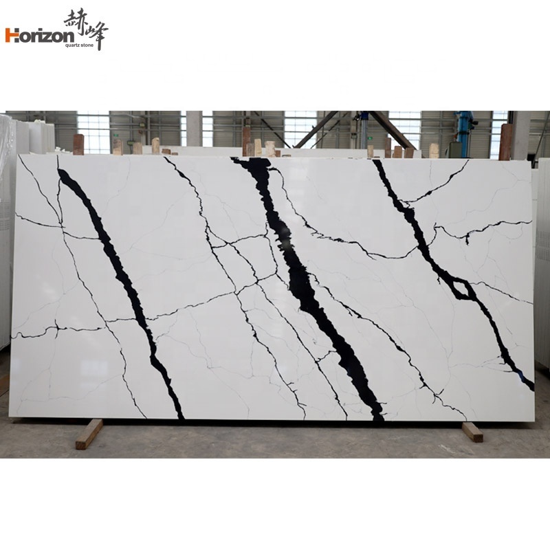 Horizon engineered white calacatta artificial quartz stone slab countertop white black vein quartz countertops