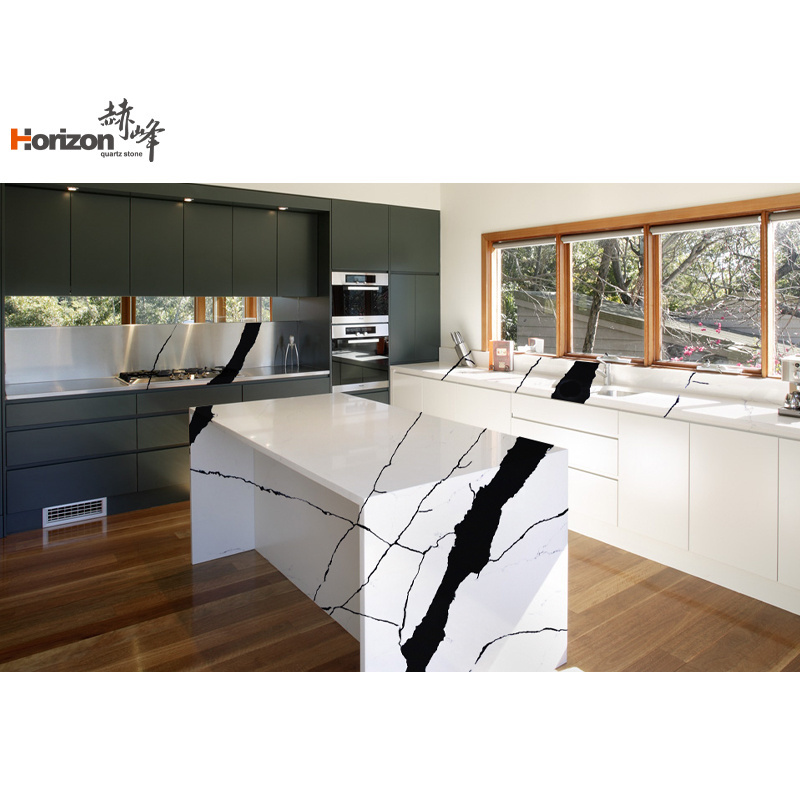 Horizon engineered white calacatta artificial quartz stone slab countertop white black vein quartz countertops