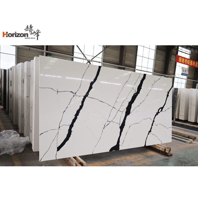 Horizon engineered white calacatta artificial quartz stone slab countertop white black vein quartz countertops