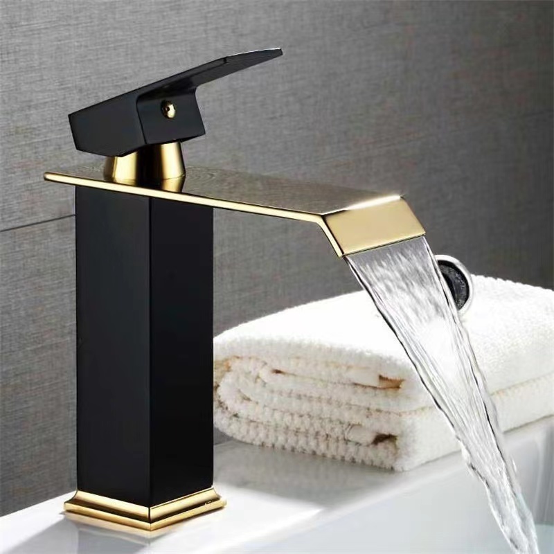 Factory Direct Stainless Steel Deck Mounted Single Handle Waterfall Mixer Basin Faucet Black Gold Washbasin Faucet