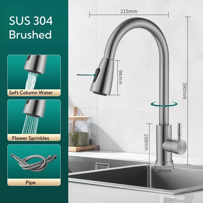 Hot Selling 304 Stainless Steel Torneira Gourmet Pull Down Kitchen Sink Faucets Chrome Plating Flexible Pull Out Faucet