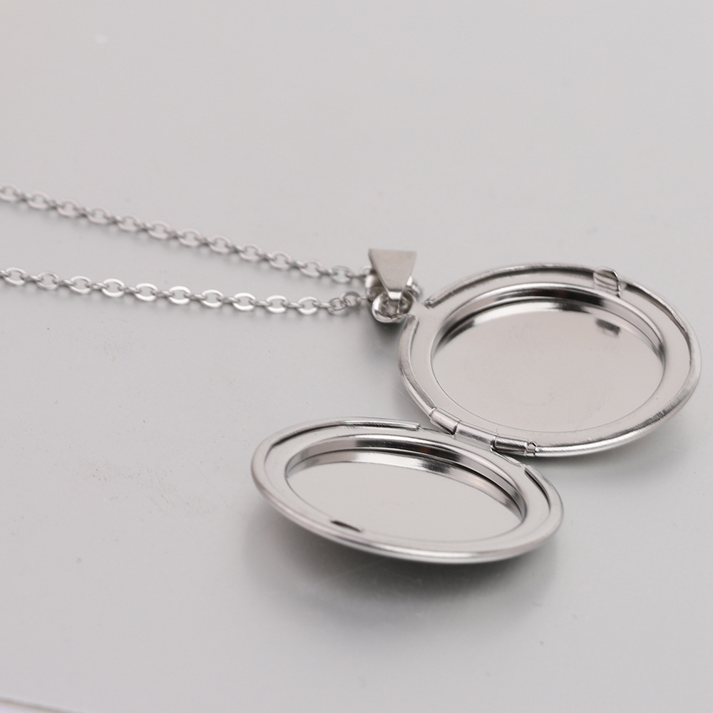 New Glossy Round Phase Box Necklace Stainless Steel Photo Locket Pendant Jewelry Necklace