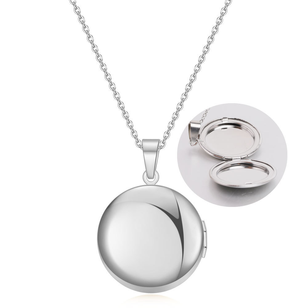 New Glossy Round Phase Box Necklace Stainless Steel Photo Locket Pendant Jewelry Necklace