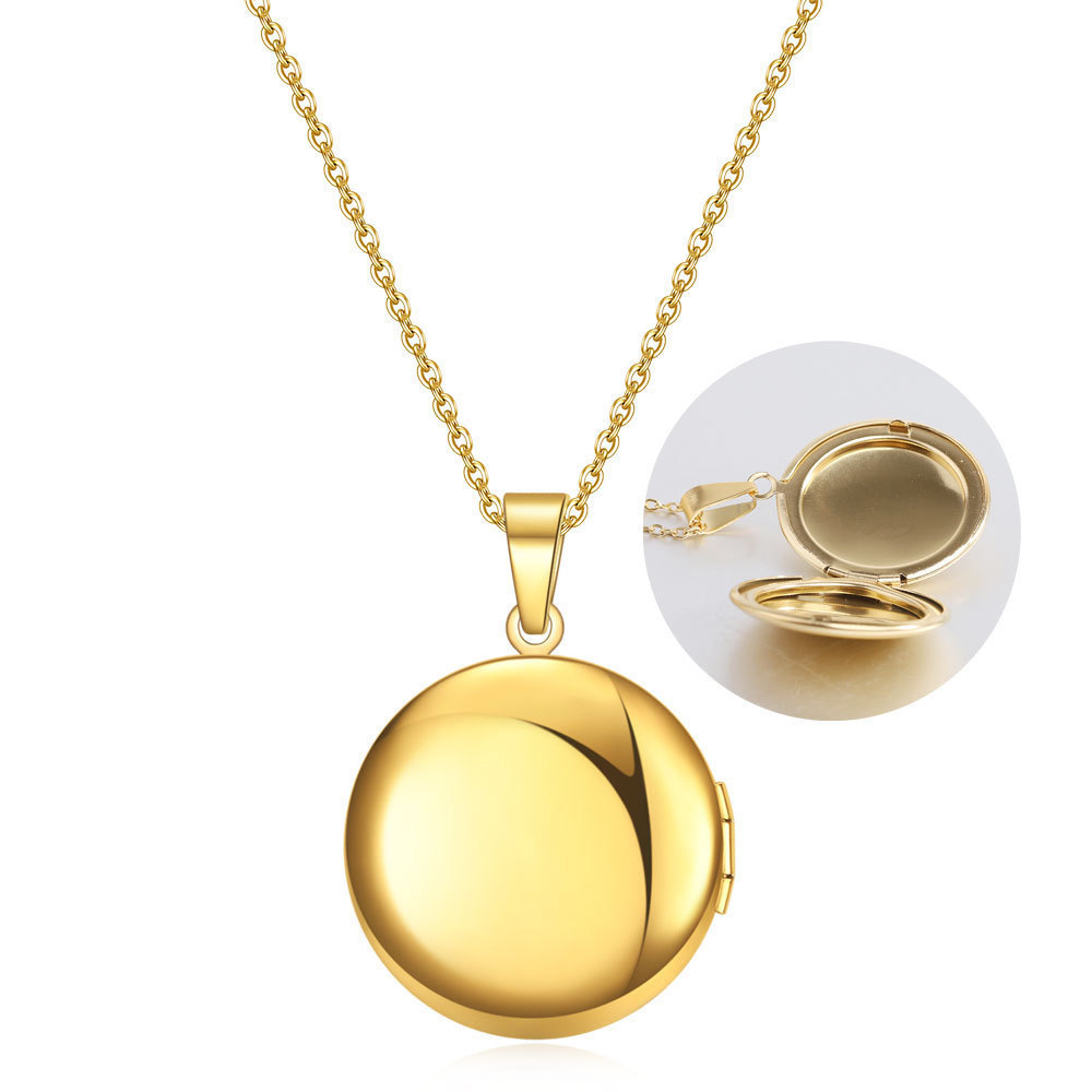 New Glossy Round Phase Box Necklace Stainless Steel Photo Locket Pendant Jewelry Necklace