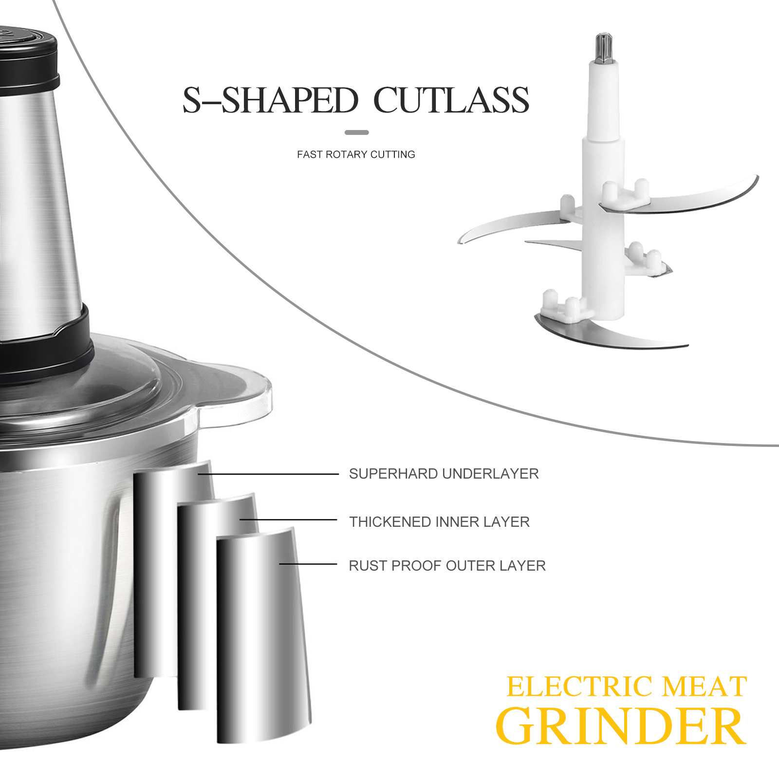 300w Stainless Steel 2l Capacity Electric Chopper Meat Cutter Grinder Mincer Food Processor Slicer