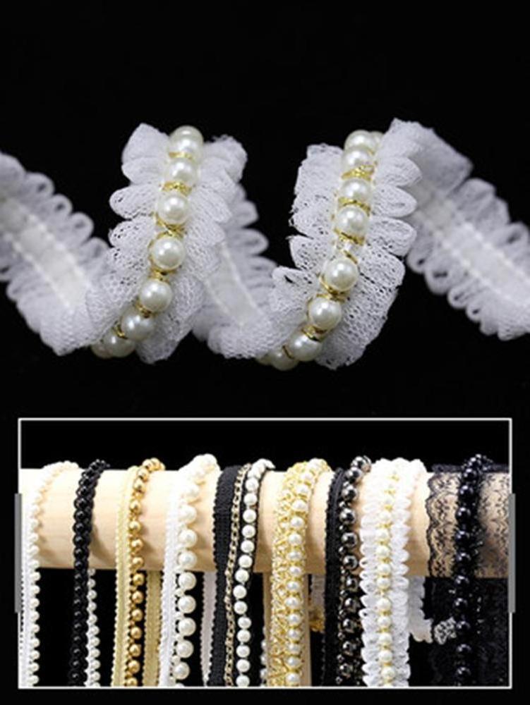 COOMAMUU Korean Beading Pearl Sewing Lace Elegant Decorative Lace Ribbons for Handmade Summer Dress