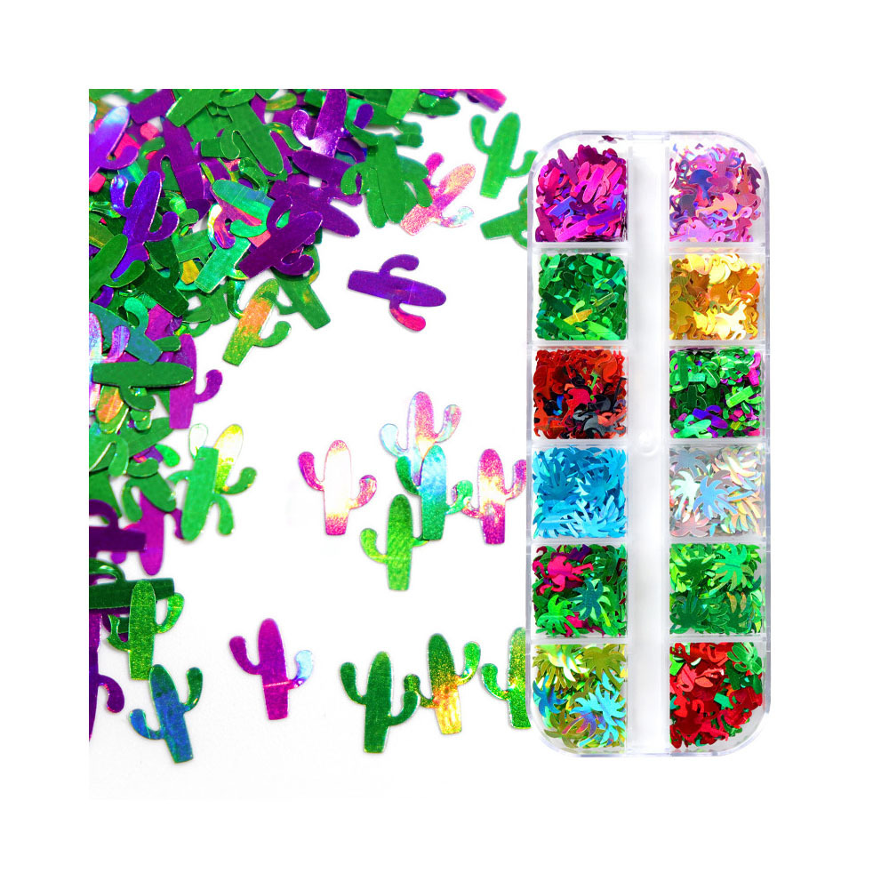 HENGXIN New Arrival Popular 12 Grids Cactus Coconut Tree Bird Glitter For Slime Filler DIY Crafts Nail Art Decoration